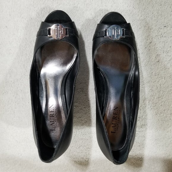 Ralph Lauren black wedge heels with metal buckle - Picture 2 of 7